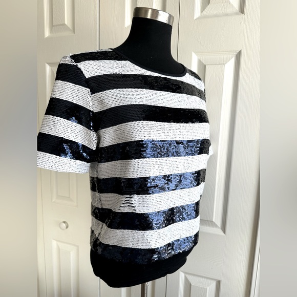 SANDRO Paris Sequin Striped Slightly Cropped fully lined top XS S - Picture 1 of 8